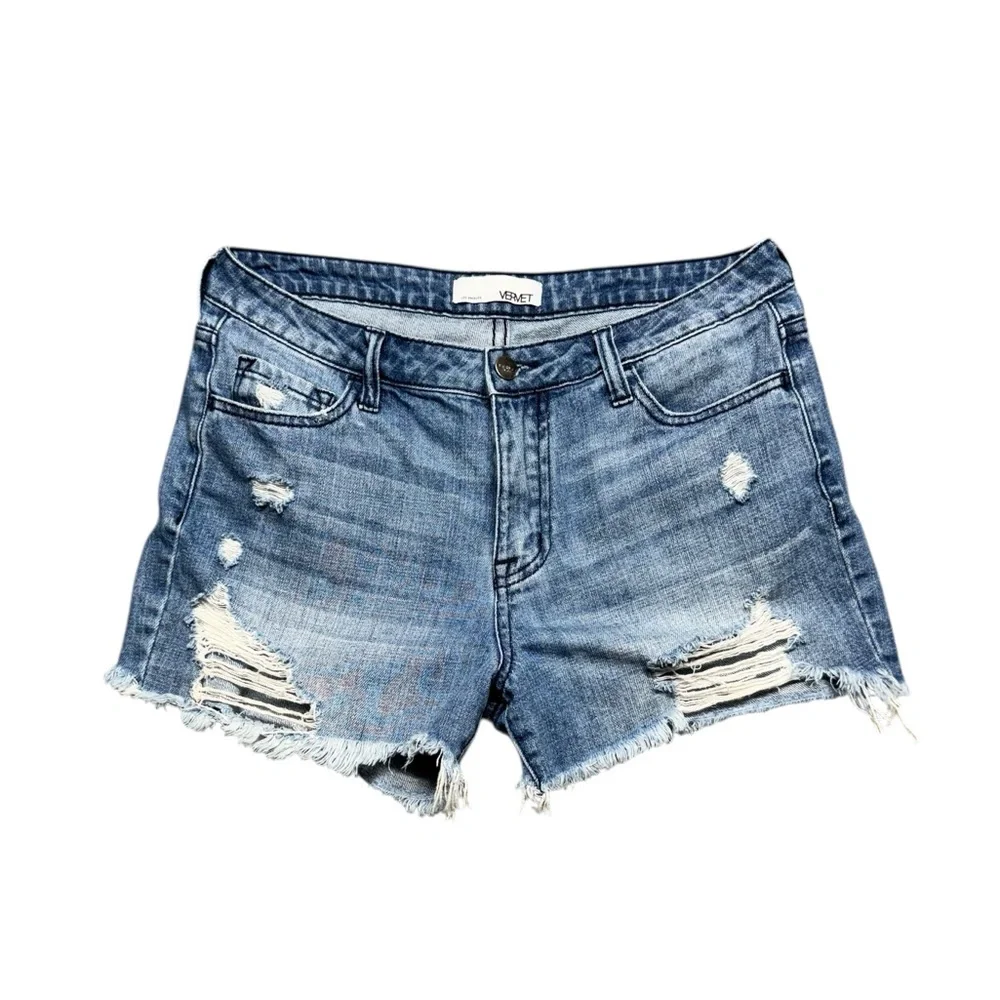 Vervet High Rise Distressed Jean Shorts Womens Small‎ Blue Denim #VT371 Cotton
